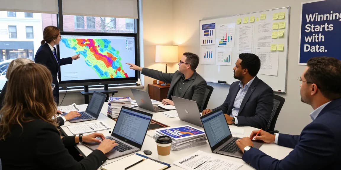 State legislature campaign marketing team analyzing voter data in an energetic office environment.