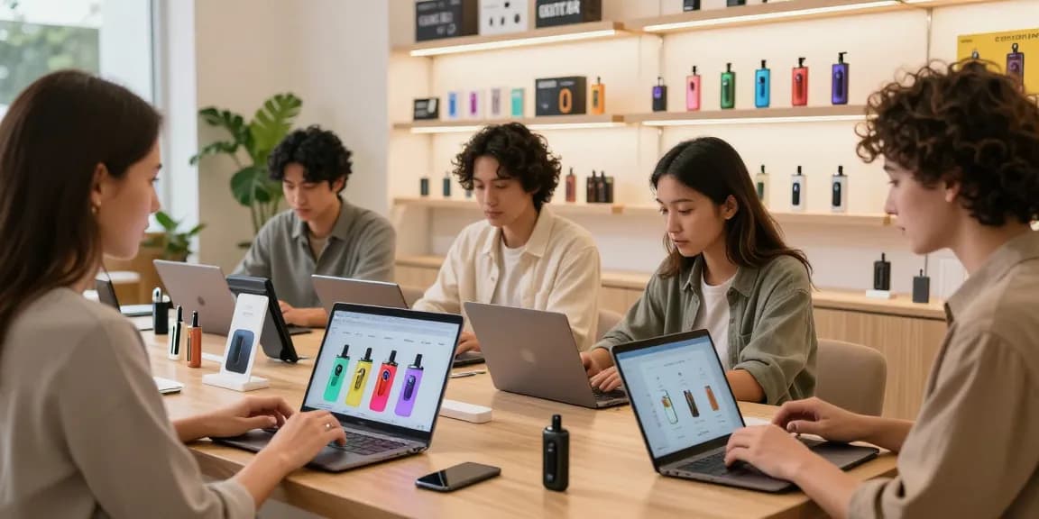 Vibrant e-commerce scene showcasing the top disposable vapes shop in USA with diverse customers exploring premium vape products.