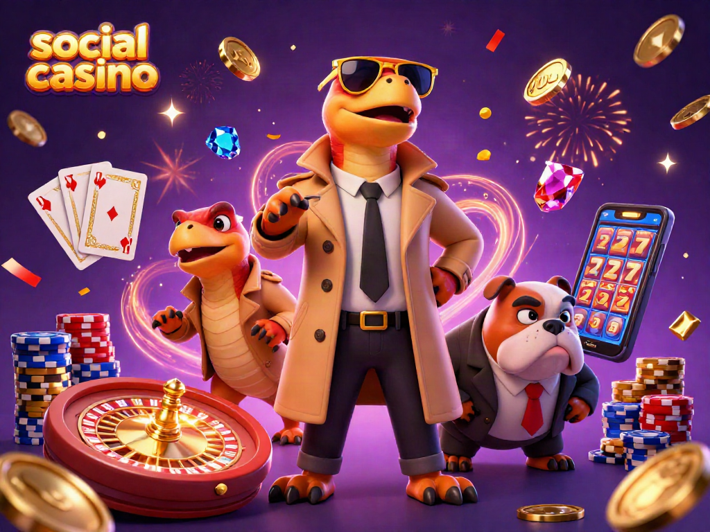 Experience the excitement of a social casino with raptors and vibrant gaming elements.