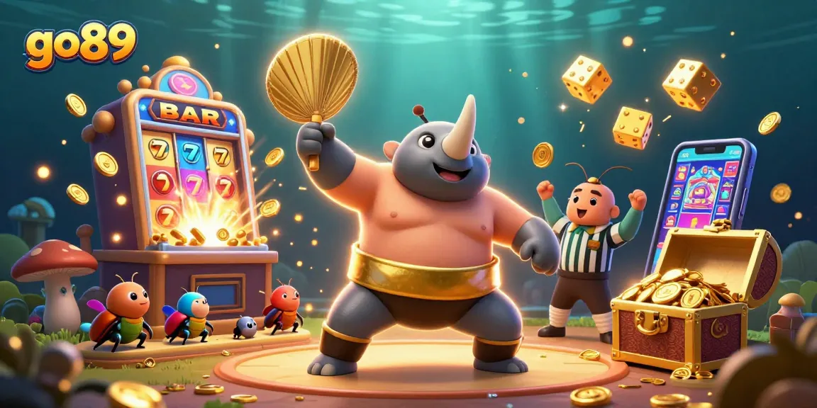 Engage with go89's thrilling casino action, featuring a sumo beetle champion amidst exploding slot machine rewards.