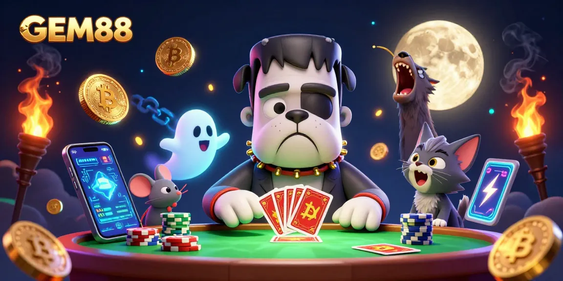 Experience the thrill of GEM88 with vibrant casino elements featuring a cartoon bulldog dealer and ghostly mouse