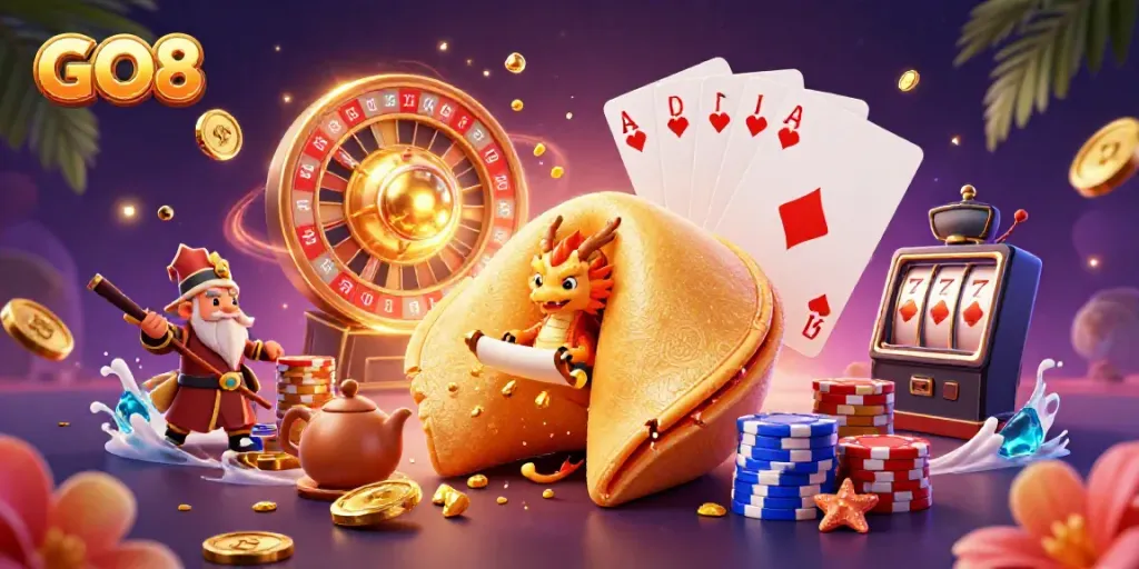 Join the GO8 action with a golden fortune cookie and wise dragon amidst cascading casino elements.