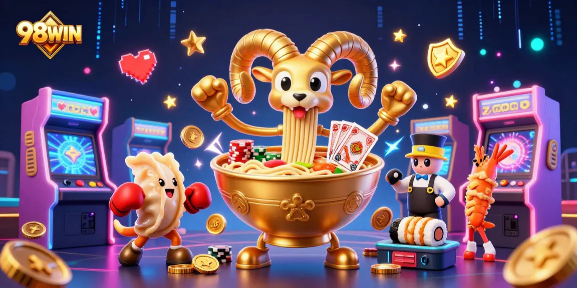 Engage with exciting games at 98WIN while the giant golden ramen bowl deals cards.