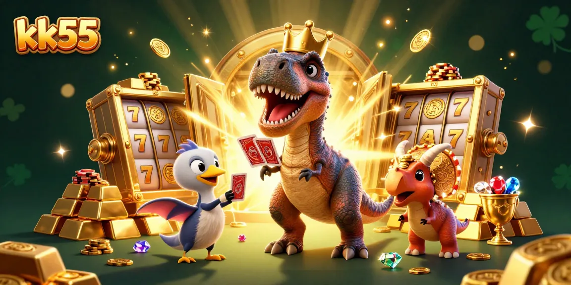 Play at kk55 and experience an exciting 3D casino atmosphere with whimsical characters and slot game elements.