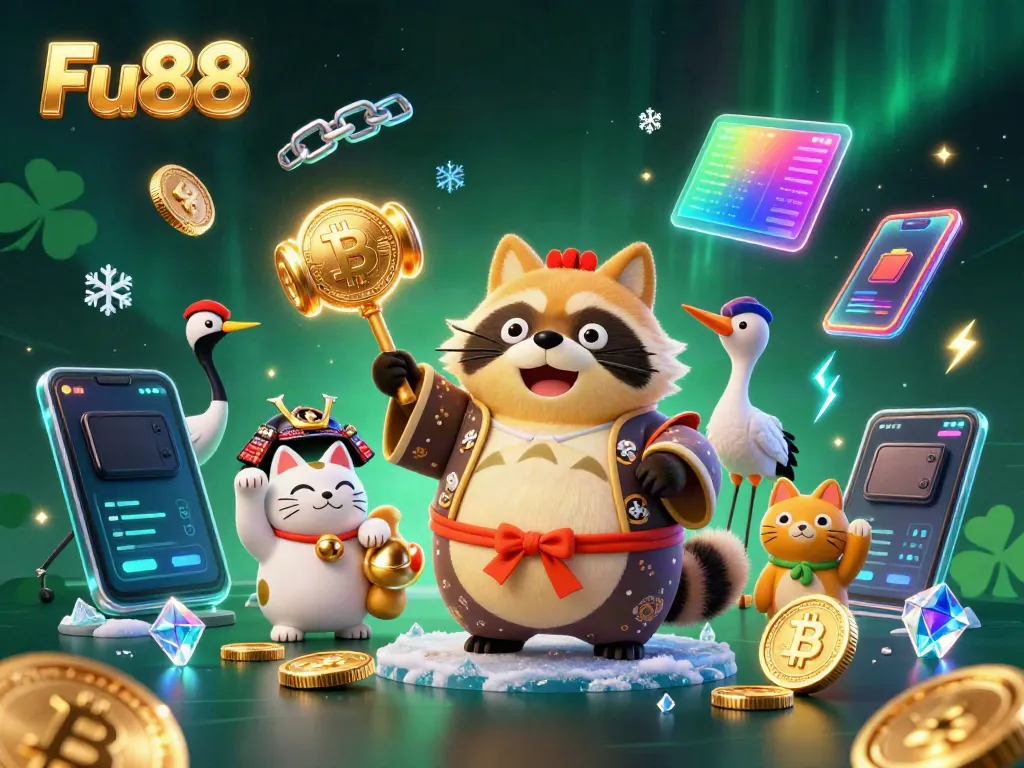 Win big with Fu88: a vibrant 3D scene of lucky charms and crypto elements