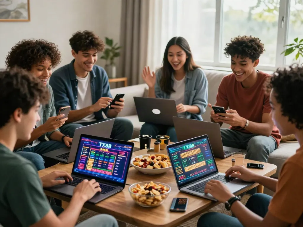 Exciting online gambling scene at TX88.br.com with friends enjoying games in a cozy living room.