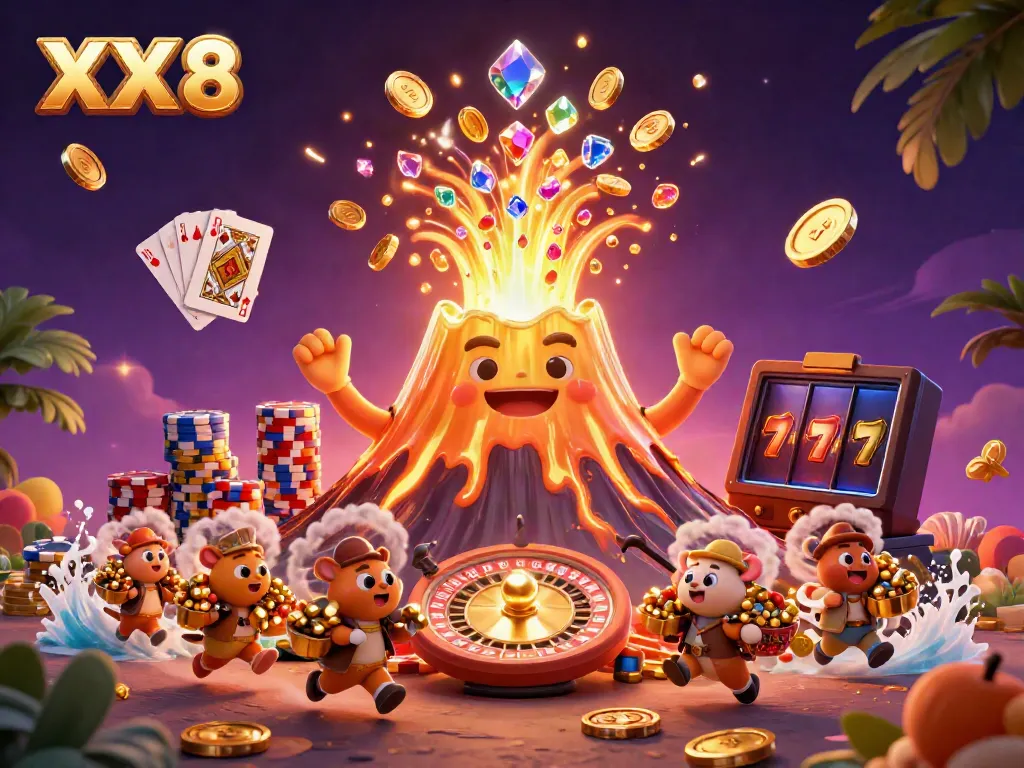 Experience the excitement of XX 8 with a golden volcano erupting coins and gems in a vibrant casino scene.