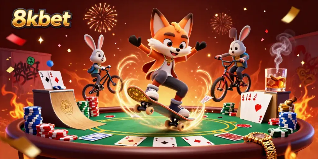 Engaging 3D casino scene showcasing 8xbet-themed characters and vibrant gaming elements, creating excitement.