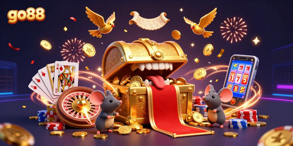 Experience go88's captivating gaming allure with an illustration featuring treasure chests, sparkling coins, and festive casino elements.