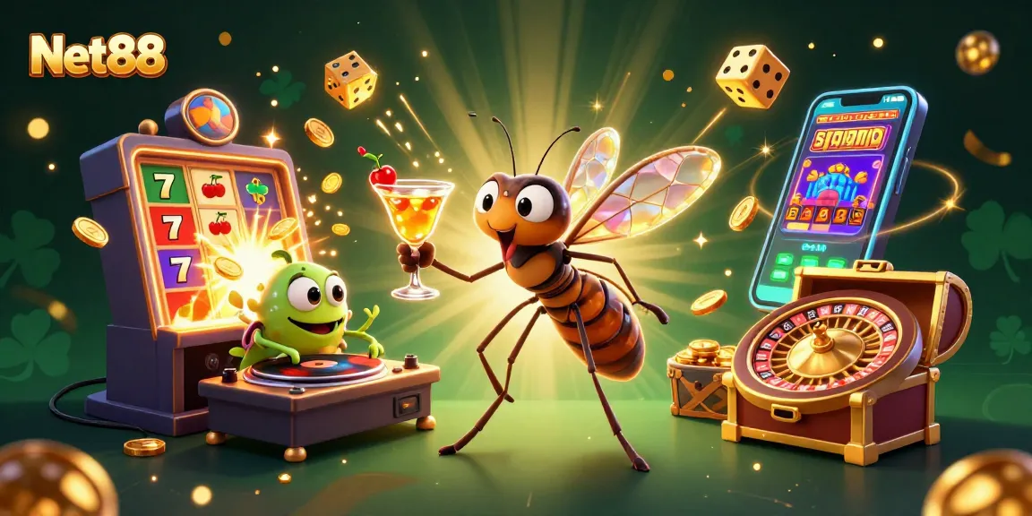 Engage with Net88 as a lively 3D casino mascot, surrounded by dynamic gambling elements in a thrilling atmosphere.