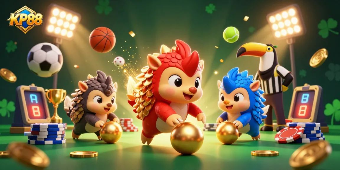 Experience the excitement of KP88 with rival pangolins bowling through poker chips amidst sports elements.