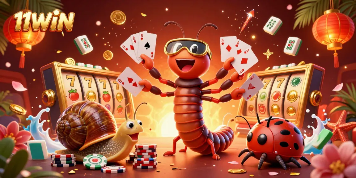 Engage with 11WIN at a vibrant casino scene showcasing playful characters and dynamic gaming elements.