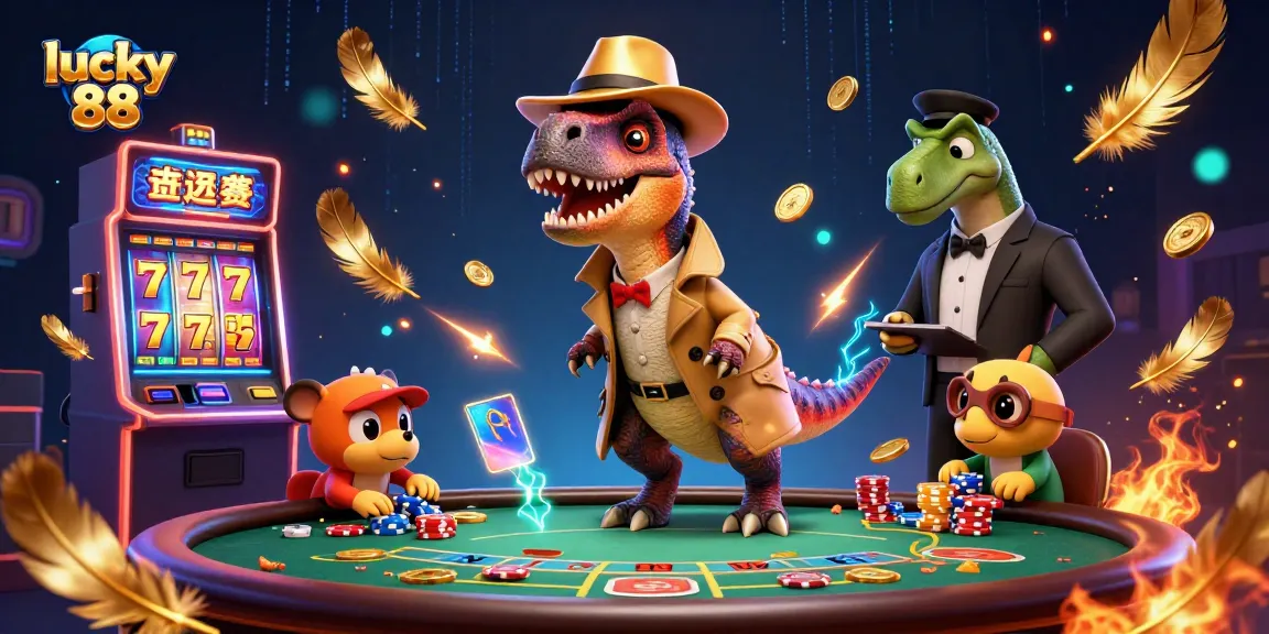 Experience the excitement of lucky 88 with a cartoon velociraptor at a blackjack table and slot machine elements.