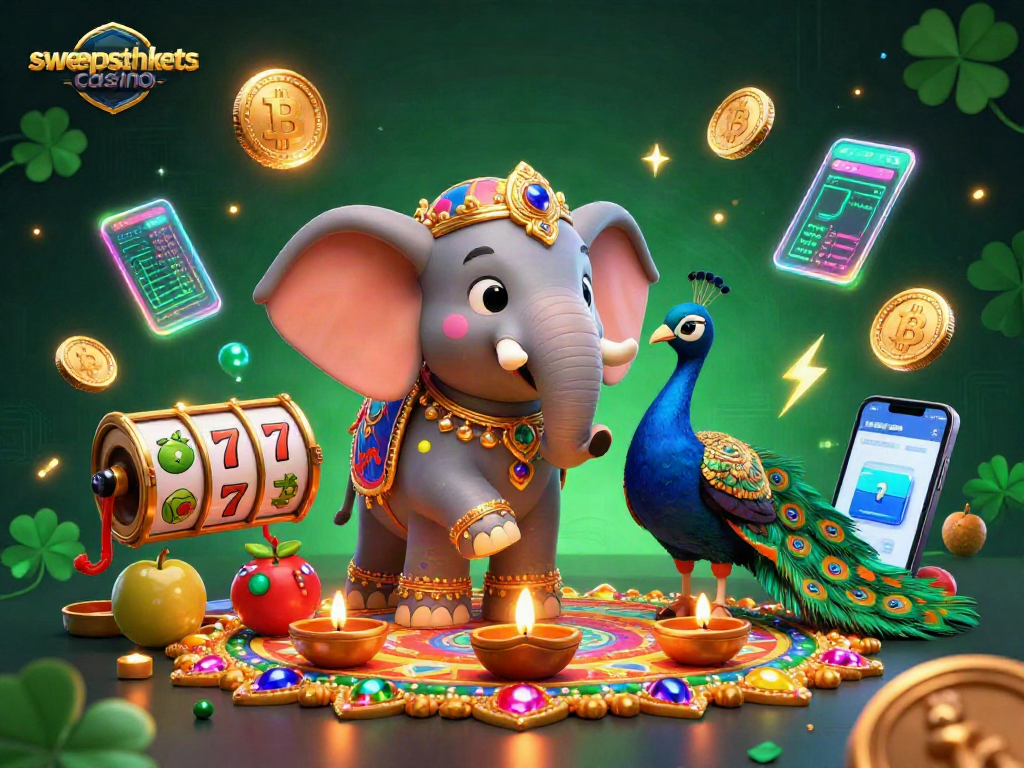 Sweepstakes casino illustration with vibrant 3D characters and dynamic gaming elements.