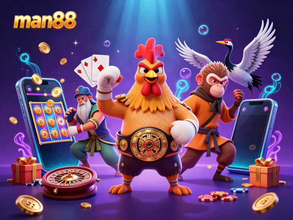 Experience the excitement of man88 with a fierce rooster and Shaolin monkey in an illustrated casino scene.