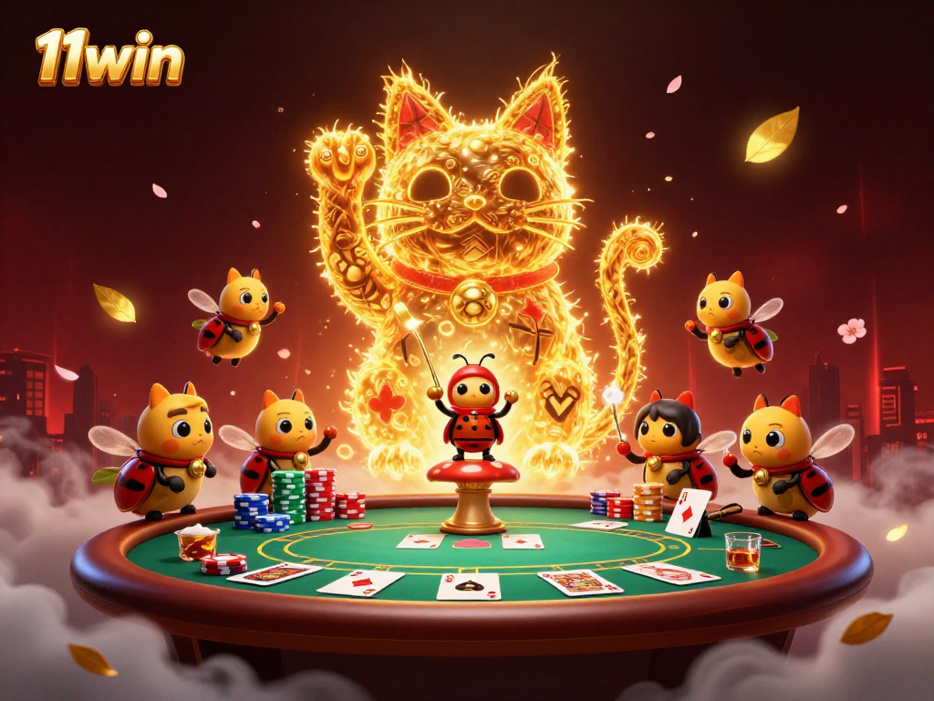 Engage with 11win's exciting casino experience illustrated with a dynamic scene of the lucky cat and poker elements.