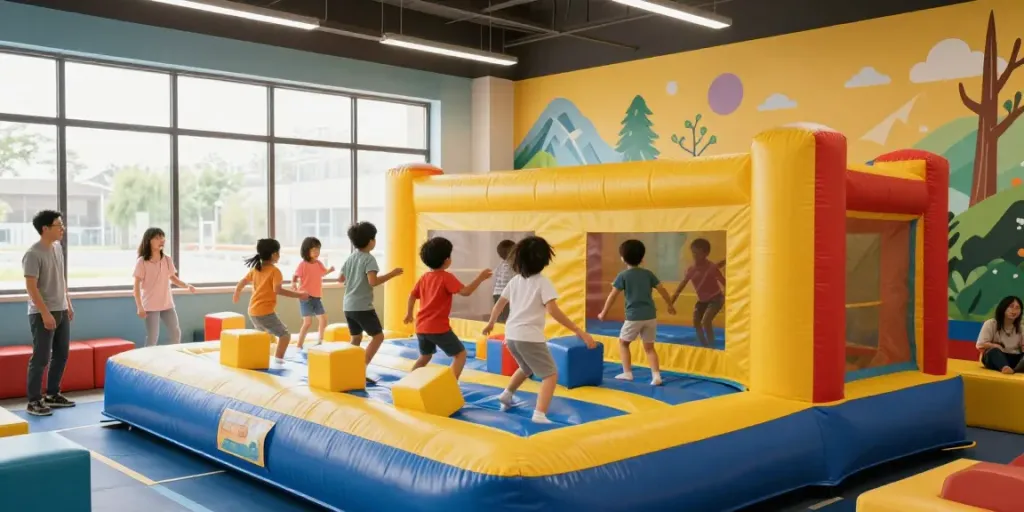 Indoor bounce house filled with kids playing joyfully in a colorful inflatable setting.