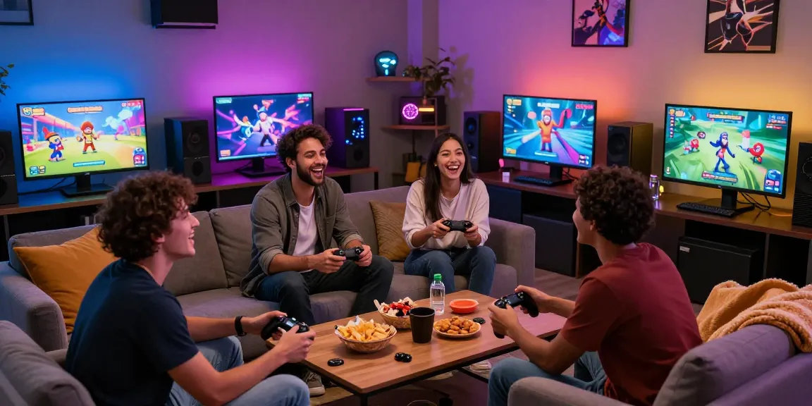 Friends enjoying a night of laughter and gaming with free porn game on screens, colorful LED lighting enhancing the lively atmosphere.