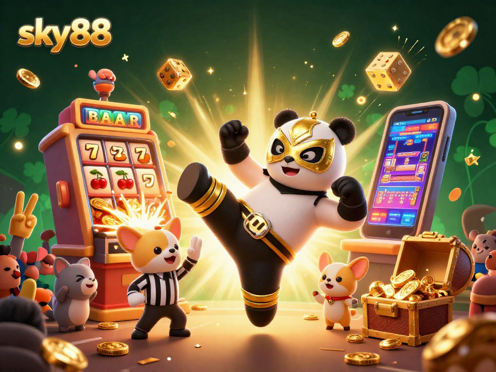 Experience the excitement of sky88 with a panda wrestler, jackpot coins, and vibrant casino colors.