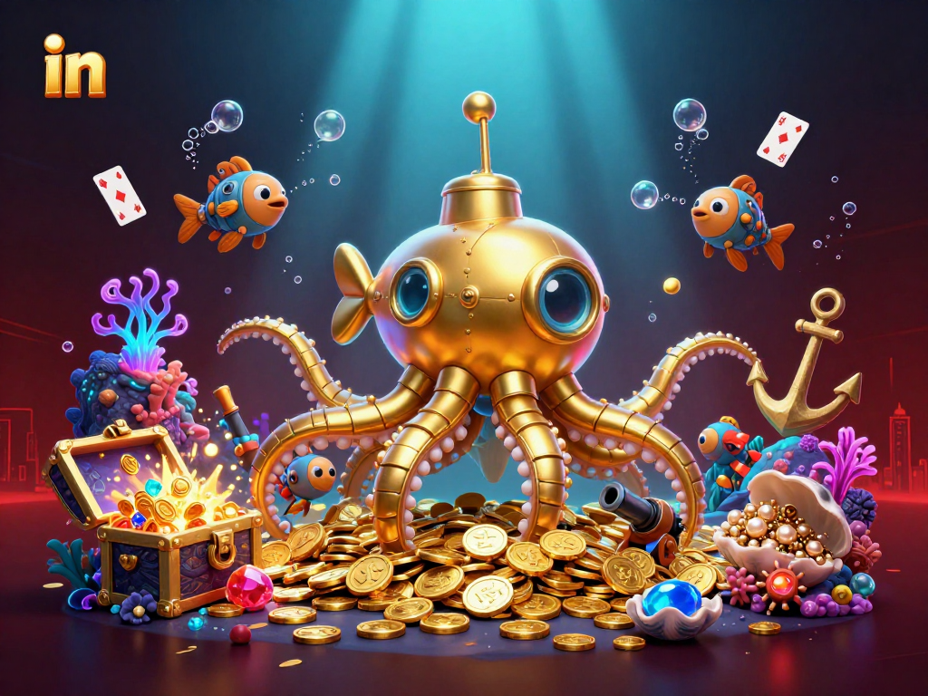 Win big in visually stunning 3D kraken-themed casino adventure illustration with golden coins.