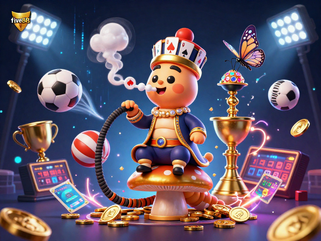 Experience the excitement of five88 with thrilling sports betting and game features in a vibrant illustration.