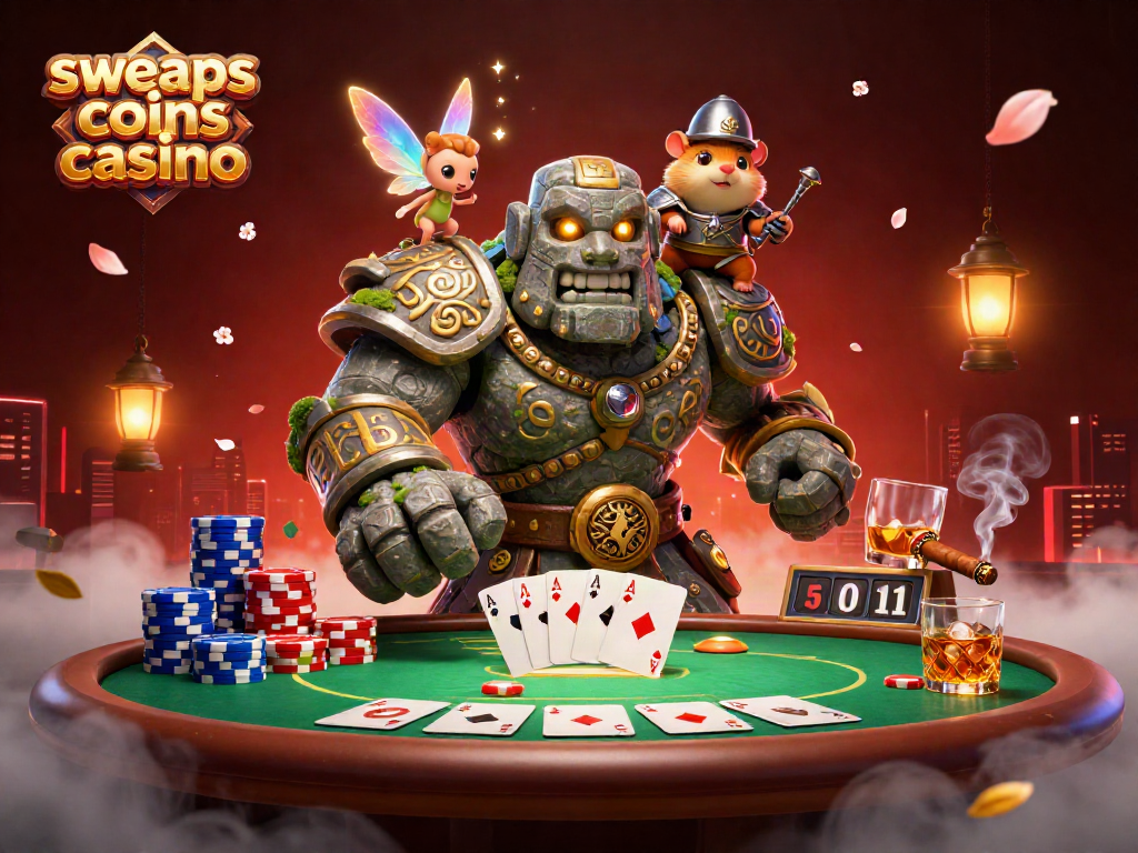 Engage with sweeps coins casino in a vibrant 3D scene featuring magical characters and poker elements.