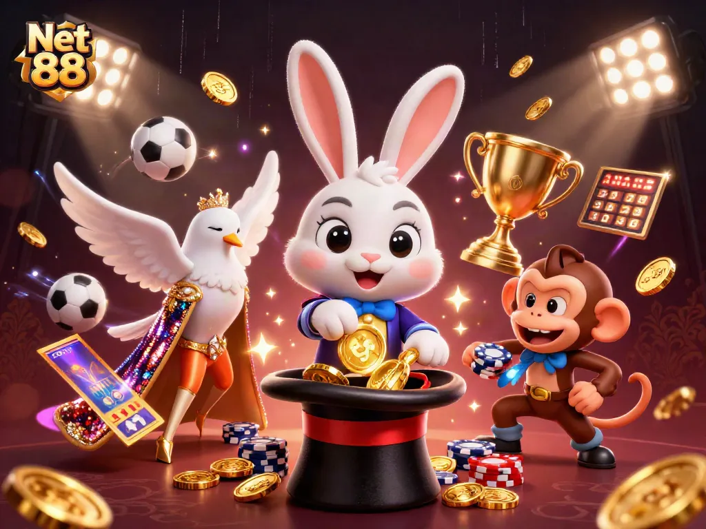 Engage with Net 88’s thrilling casino experience featuring a lively scene of gambling excitement.