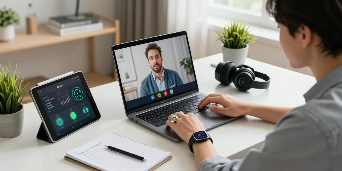 Smart ring on a user's finger while engaging in a video call discussing fitness metrics and technology in a modern home office.