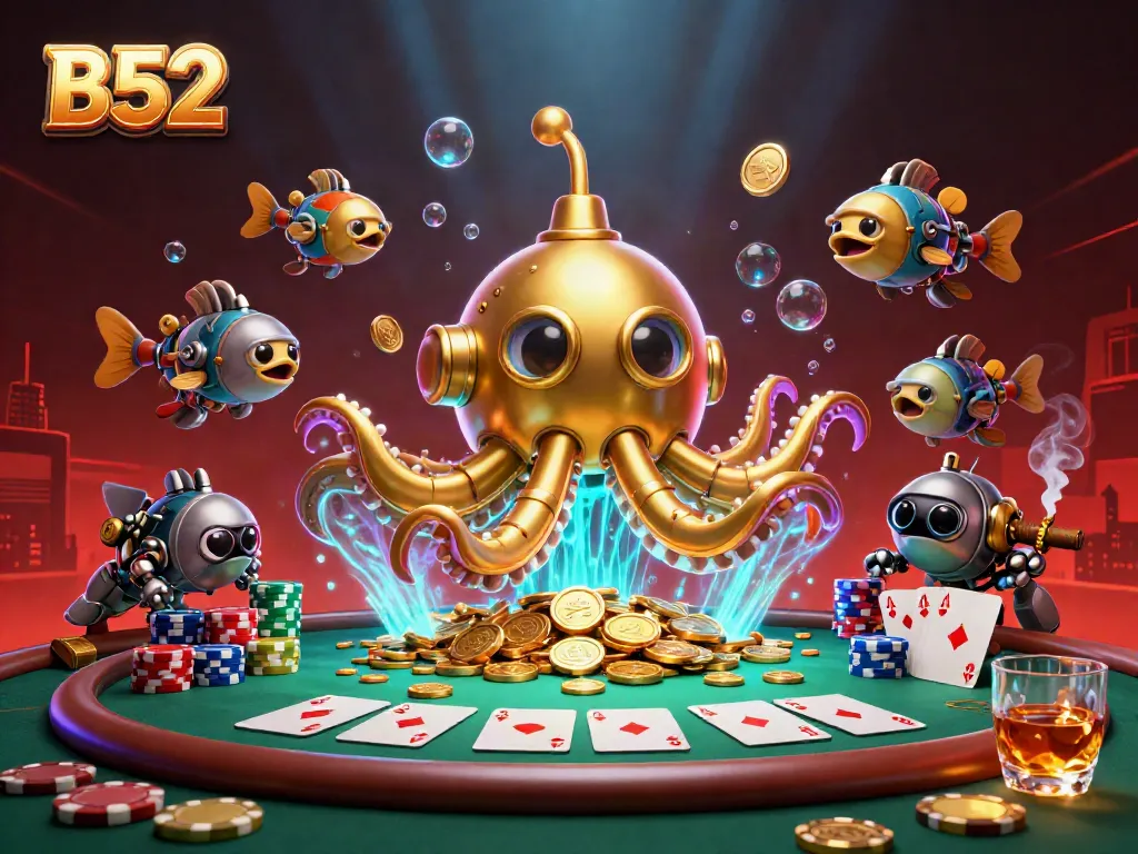 Experience thrilling gameplay with B52, featuring golden kraken, poker chips, and vibrant underwater elements.