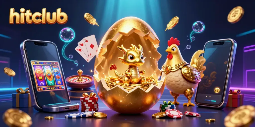 Experience thrilling gameplay at hitclub with a golden dragon amidst poker chips and dynamic casino elements.