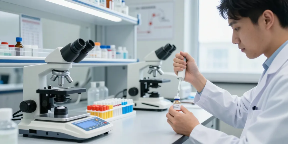 Scientist analyzing SwissChems Peptide vials in a modern laboratory.