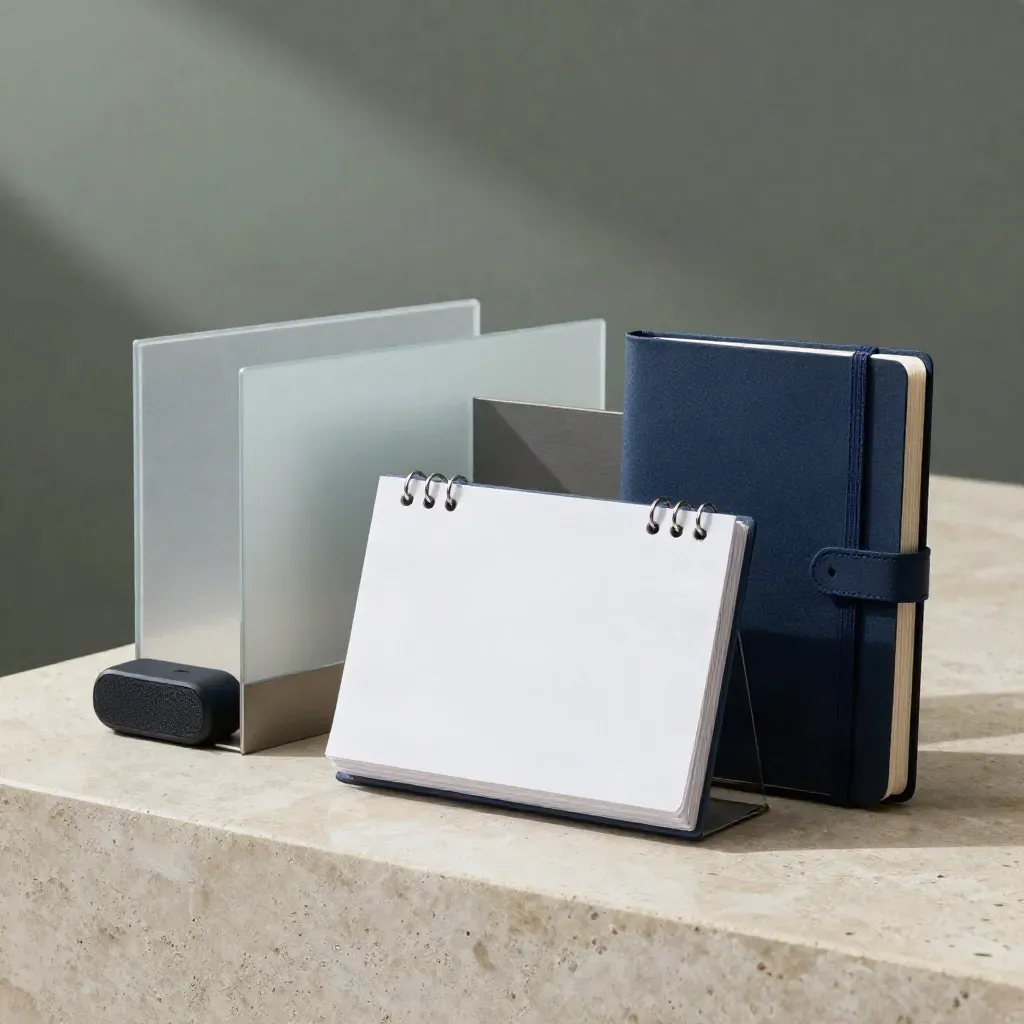 Studio hero of a team project board kit with task cards, file sleeves, speaker puck, and notebook on stone.