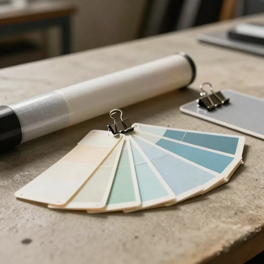 Top-down macro of acetate swatch fan, proof tube, binder clip and sample board on khaki concrete