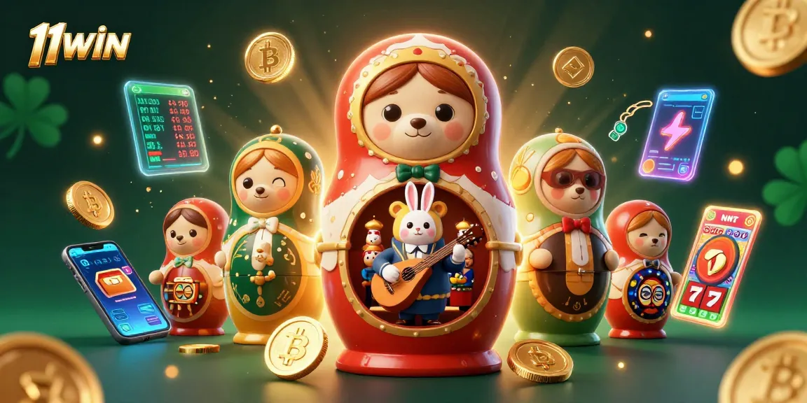 Experience thrilling gameplay with 11WIN's vibrant 3D casino illustration featuring unique characters and crypto elements.
