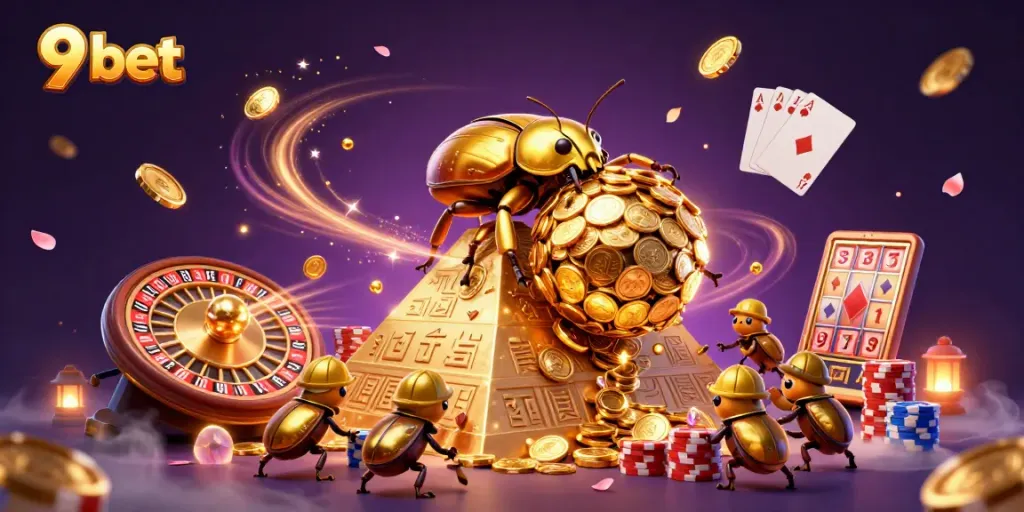 Experience the thrill of 9 bet with golden coins cascading and cartoon characters in a dynamic casino scene.
