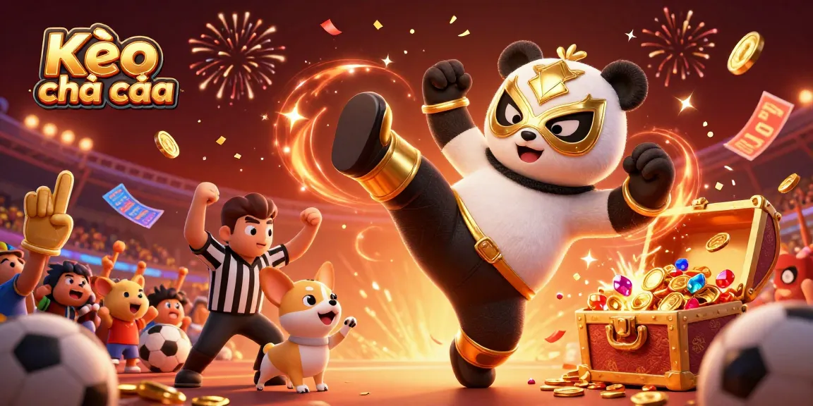 Kèo nhà cái visual featuring a panda wrestler and chihuahua referee amidst sports betting elements and festive ambiance.