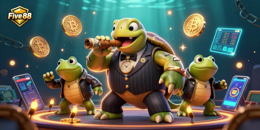Engage with Five 88's vibrant casino scene featuring a turtle mobster and frog enforcers amidst glowing cryptocurrency.