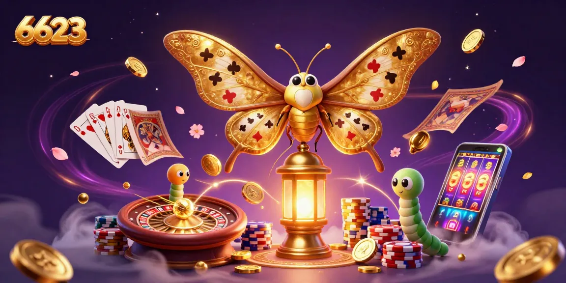 Experience thrilling wins with 6623 in a captivating 3D casino illustration featuring golden moths and card suits.