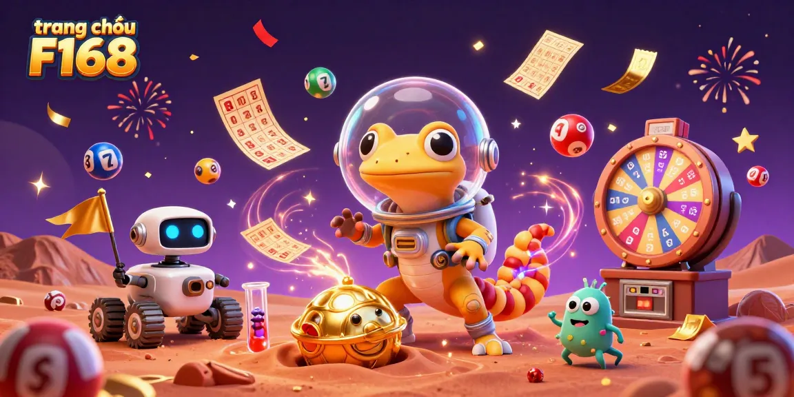 Experience the excitement of trang chủ F168, featuring a cartoon gecko discovering a buried golden casino in an alien environment.