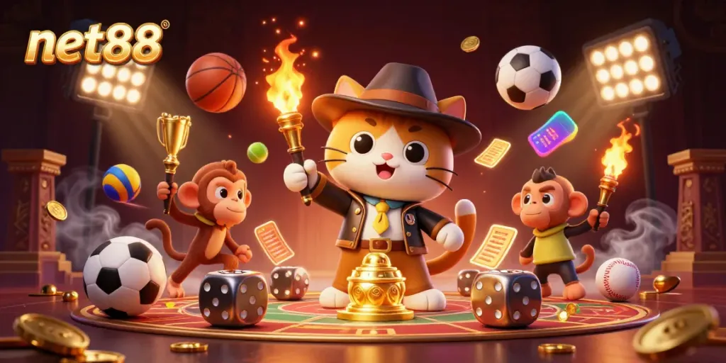 Experience the excitement of net88 with a whimsical scene featuring an explorer cat and monkey in a golden casino temple.