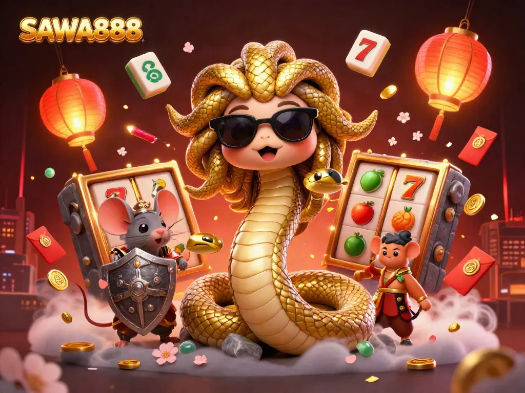 Experience SAWA888's vibrant slot games featuring Medusa and a warrior mouse in a lively casino scene.