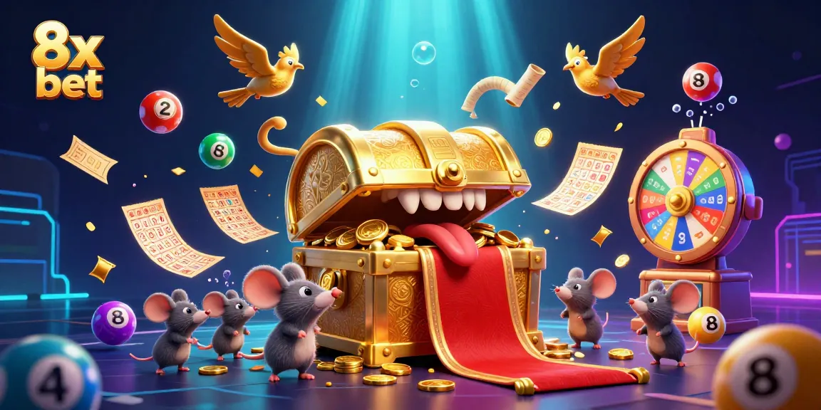 Experience excitement with 8x bet in thrilling lottery vibes surrounded by colorful elements.
