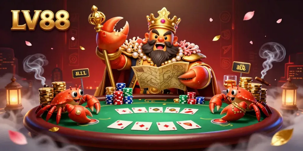 Experience action-packed gambling fun with LV88's vibrant illustration of a golden crab emperor at a poker table.