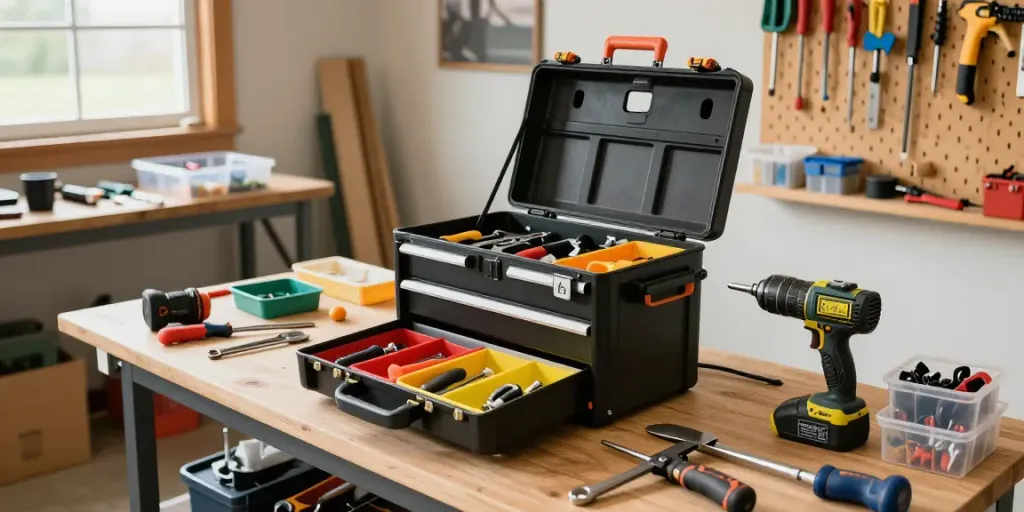 Efficient organization in a Stanley essential rolling workshop with tools neatly arranged for DIY projects.