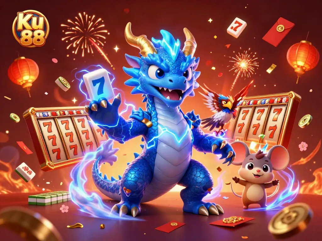 Experience thrilling wins with Ku 88's dynamic 3D casino adventure scene, showcasing electric excitement.