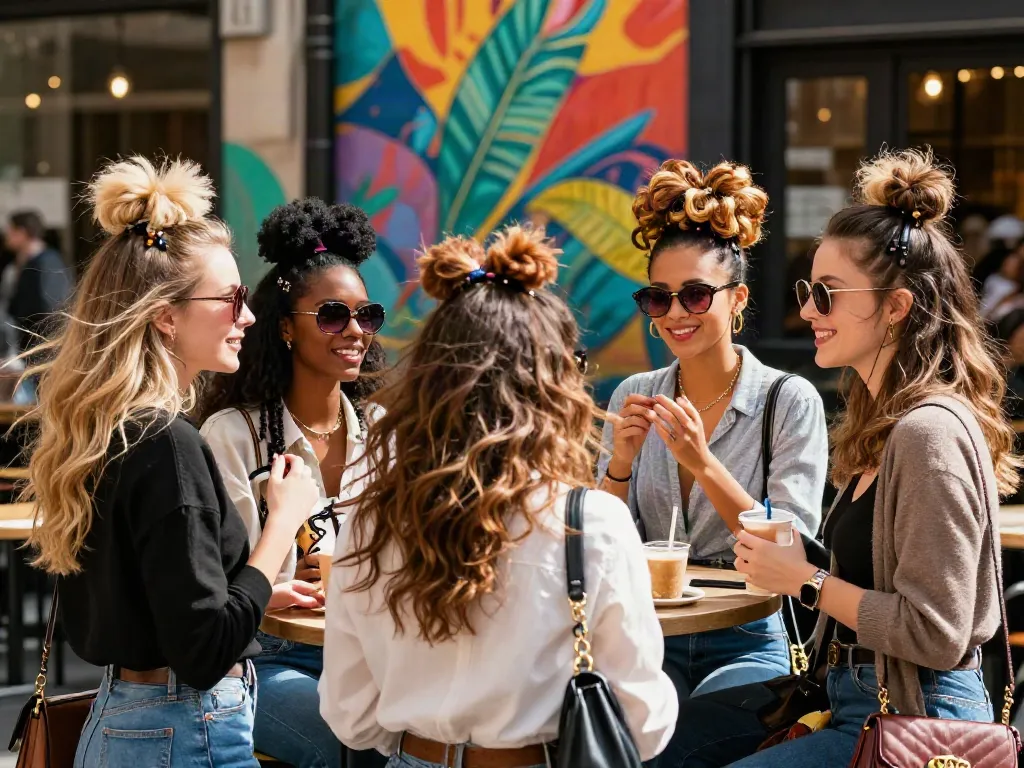 Women showcasing stylish hair toppers in an urban outdoor café setting, highlighting diverse fashion and self-expression.