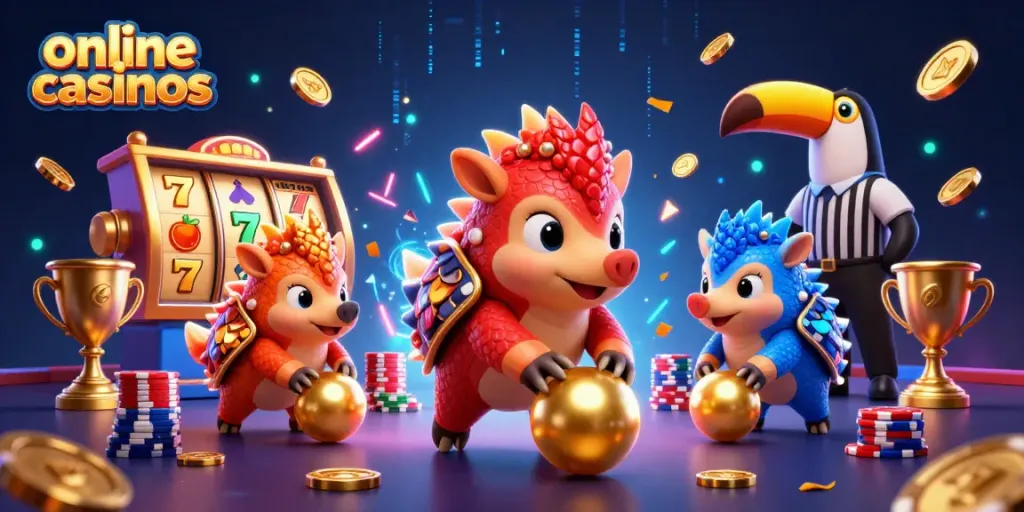 Experience thrilling online casinos with rival pangolins battling in a vibrant gaming scene.
