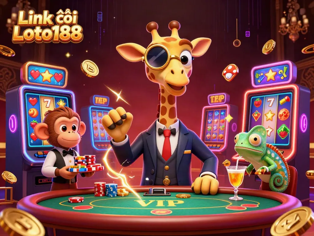 Link vào Loto188 features a vibrant 3D illustration of casino characters around slot machines.