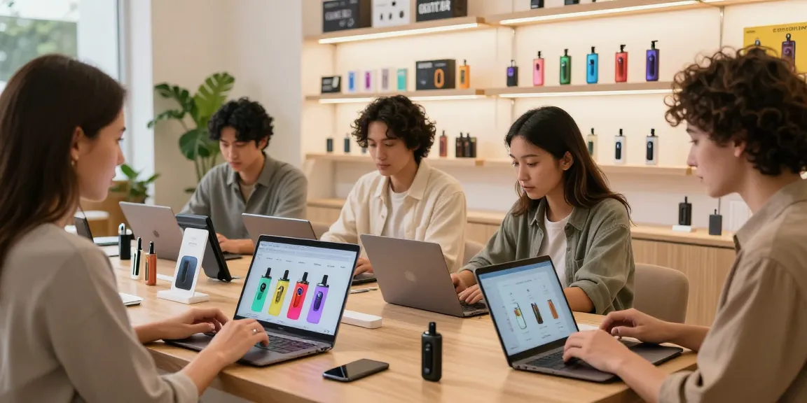 Vibrant e-commerce scene showcasing the top disposable vapes shop in USA with diverse customers exploring premium vape products.