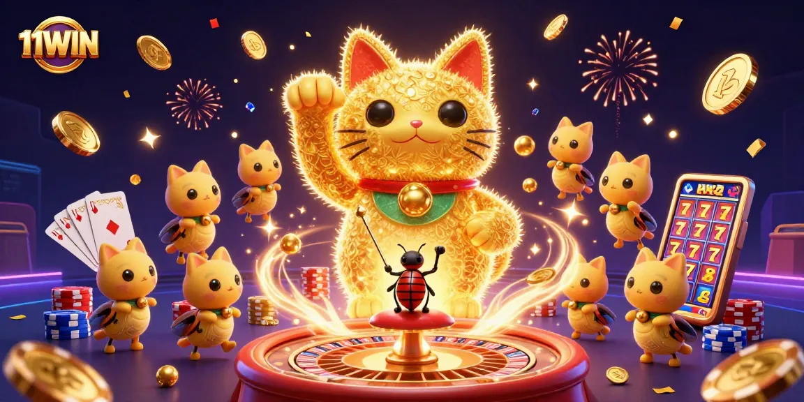 Experience thrilling gameplay with 11WIN's golden lucky cat surrounded by dazzling casino symbols.